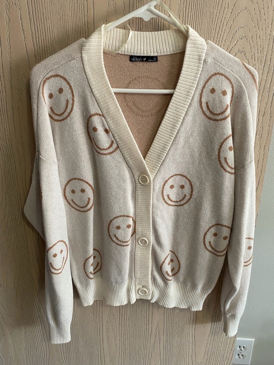 Sweaters - Cream Smiley-Print Button Cardigan Sweater